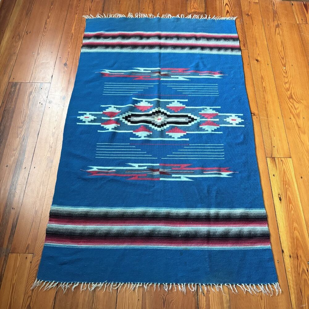 Vintage Chimayo Handwoven Wool Blanket Rug Beautiful Turquoise RARE 68"x41"